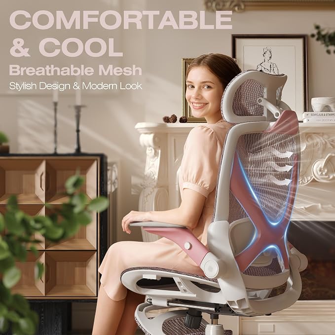 X100 Ergonomic Mesh Office Chair with Footrest, Big and Tall Home Desk Chair with 5D Flip-Up Arms, Adjustable 3D Lumbar Support, Gaming & Executive Computer Chair (Peach Blossom)