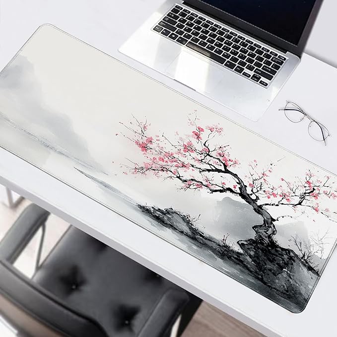 Long Gaming Mouse Pad Extended Anime Large Desk Pad with Non-Slip Base Full Keyboard Mat with Stitched Edges for Gaming and Office 31.5 x 11.8 inches (White Cherry Blossom)