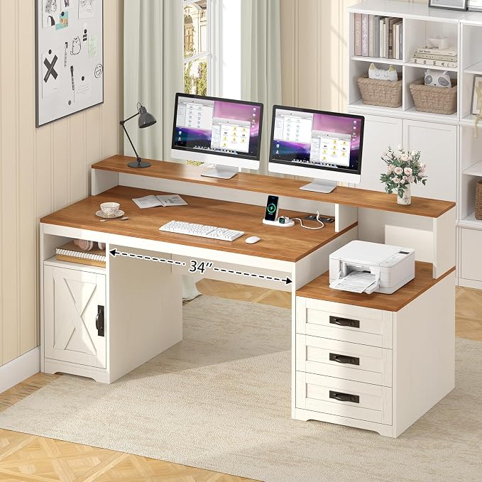 65" Farmhouse Computer Desk with Drawers and Printer Stand for Home Office | Office Desk with Power Outlets and Storage Cabinet, Study Writing Desks with Long Monitor Stand, Brown and White