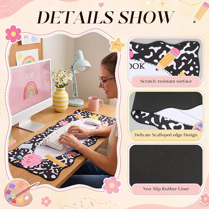 1 Pcs Composition Book Scalloped Desk Mat 31.5 x 11.8 Inch Large Cute Mouse Pad Computer Mat Non Slip Waterproof Rubber Base with Border Stitching Soft Keyboard Pad for Teacher Desk Home Office