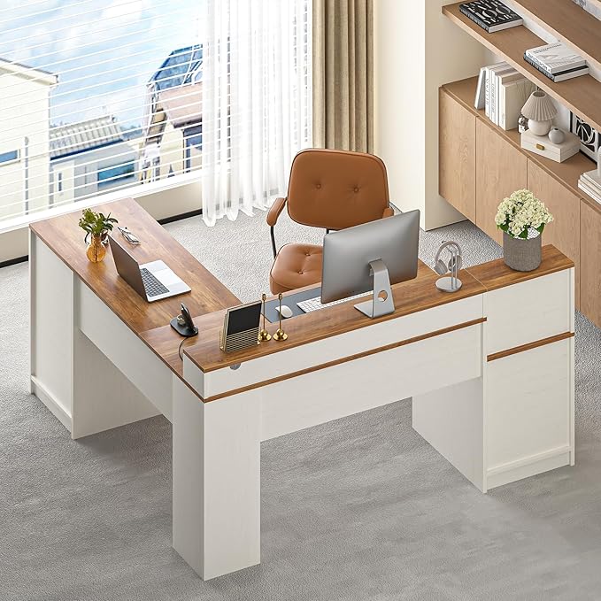 63" Farmhouse L Shaped Desk with Drawers & Printer Shelf for Home Office | Corner Computer Desk with Storage, Power Outlets, L Shaped Office Desk with Monitor Stand, Printer Shelf, Antique White