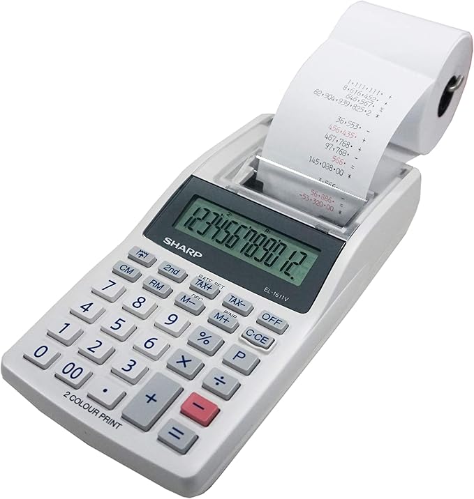 Sharp EL-1611V Handheld Portable Cordless 12 Digit Large LCD Display Two-Color Printing Calculator with Tax Functions