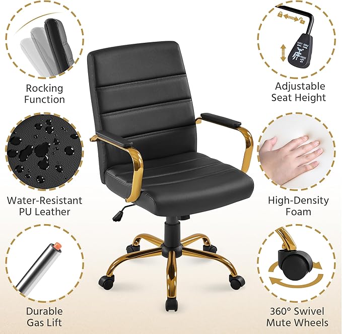 Yaheetech Mid-Back Office Chair PU Leather Desk Chair Adjustable Executive Task Chair w/Lumber Support Gold Leg Black Seat
