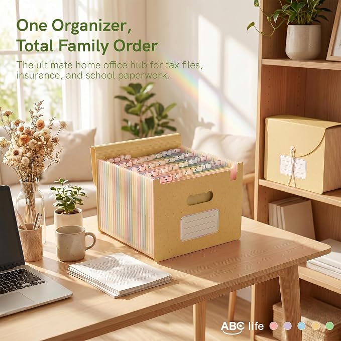 ABC life 26 Pockets Accordion File Organizer, Butter Yellow | Expanding File Folder for Letter/A4 Size, Portable Document Holder with A-Z Tabs for Tax Receipt, School, Home, Office