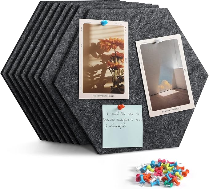 8-Pack Hexagon Felt Bulletin Board Tiles, Cork Board Alternative | For students and teachers creating vision boards in homes, offices, dorms or classrooms; includes 30 push pins.