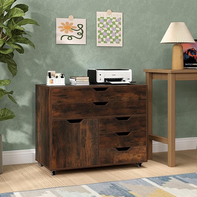 DREAMADE Rolling File Cabinet, 5-Drawer Filing Cabinet, Rustic Brown | Mobile Storage Cabinet with Door and Lockable Metal Wheels, Wood Printer Stand Organizer for Home Office and Study