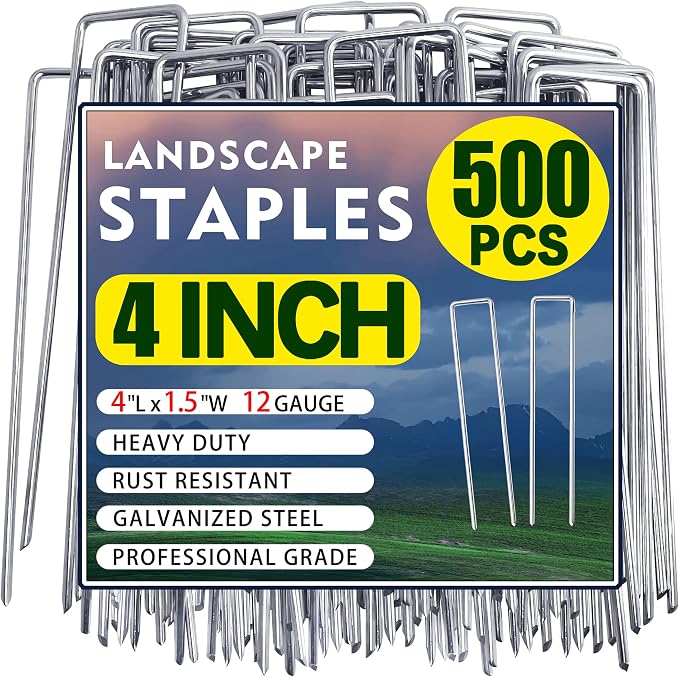 500 Pack Landscape Staples 4 Inch 12 Gauge Garden Stakes | Galvanized Garden Staples Pins Anti-Rust Ground Stakes for Weed Barrier, Irrigation Tubing, Landscaping Fabric, Yard Lawn
