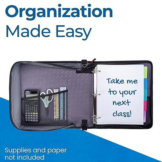 Case-it School Zipper Binder | 1.5" D-Ring | 325-Sheet | LT-207 Jet Black | Universal 2.0, Removable 13-Inch Laptop/Tablet Padded Pocket, Multiple Pockets, Shoulder Strap, Office