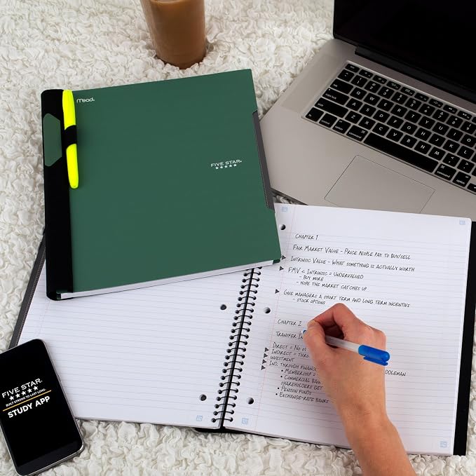 Five Star Advance Spiral Notebook + Study App, 5 Subject, College Ruled Paper, 8-1/2" x 11", 200 Sheets, Spiral Guard, Movable Tabbed Dividers, Seaglass Green (73148) (Pack of 6)