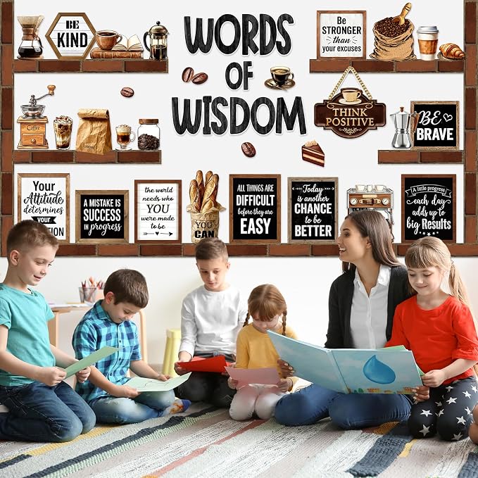 Mooliwe 57 Pcs Coffee Bulletin Board Set Inspirational Classroom Cutouts | Industrial Style for School Office, Coffee Shop Chalkboard Door Decor, Motivational Quotes for Classroom Wall Display