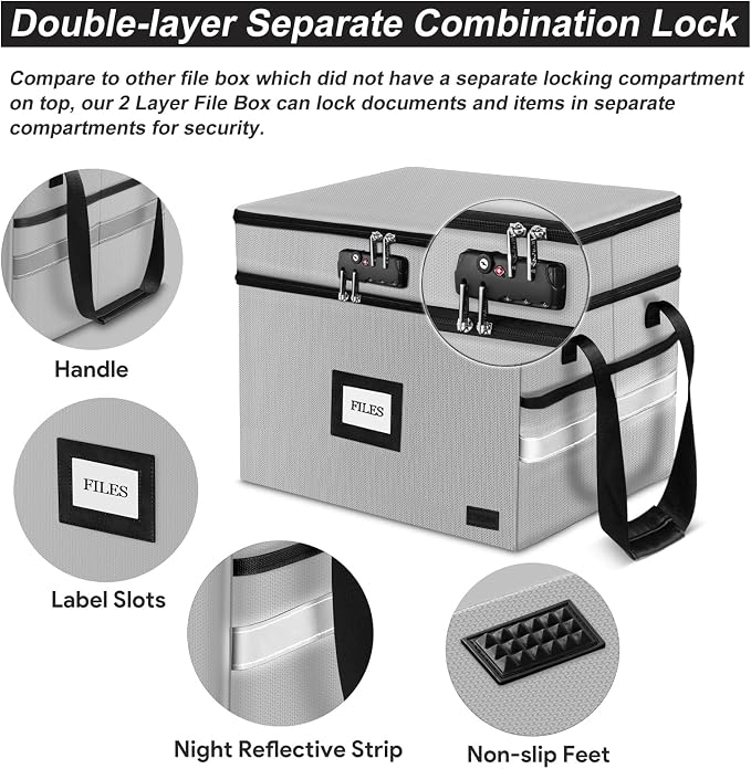 Fireproof File Oganizer with Lock, 2 Layer Fireproof Document Box Storage | Portable File Cabinet Storage Box with 5 Tab Inserts & Handle for Hanging Letter, Legal Size Folder, Certificate