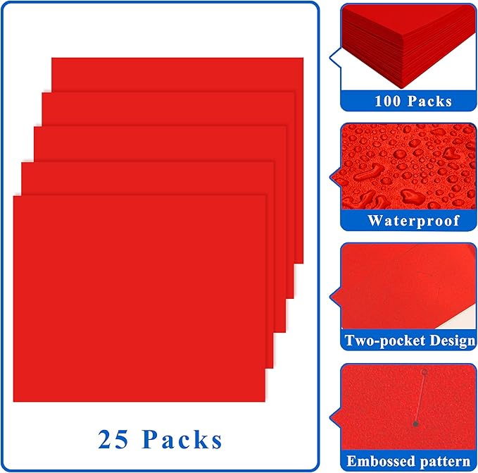 Zzrywuty File Folders with Pockets Letter Size,25-Pack Paper Folders with Card Slot,Red Two Pocket Folders for School Students,Businessmen,Home and Office Workers