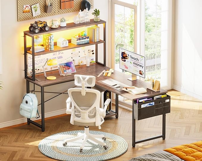 AODK L Shaped Desk Gaming Desk with LED Light & Power Outlet | 53 Inch Grey Oak Reversible L Shaped Computer Table with Shelf & Storage Bag & Hook for Home Office