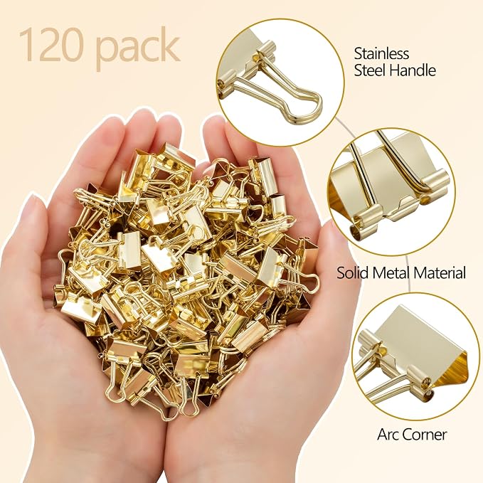 120 Pack Mini Binder Clips, Binder Clips, Small Paper Clips 15mm 5/8 Inch. Micro Size Office Clips for Home School Office and Business (Gold)