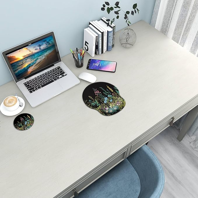 Ergonomic Mouse Pad with Wrist Support Rest,Large Mousepad Gel Wrist Rest, with Coaster Non-Slip & Pain Relief for Computer, Desk, Home&Office-Floral