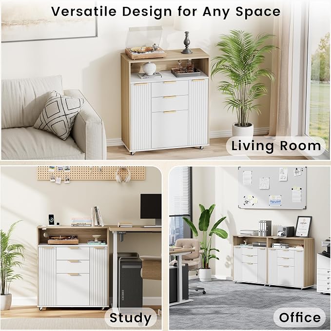 Fluted Mobile File Cabinet with Charging Station | 37" Rolling Storage Cabinet with 3 Drawers, Printer Stand with Wheels for Home Office, Light Walnut