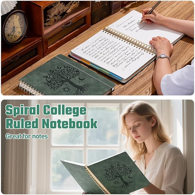 Hardcover Spiral Notebook 8.5" x 11" with 5 Removable Dividers 300 Pages Leather 5 Subject Notebook College Ruled 100GSM Large Spiral Notebooks for Work Thick Lined Journal for Women, Green