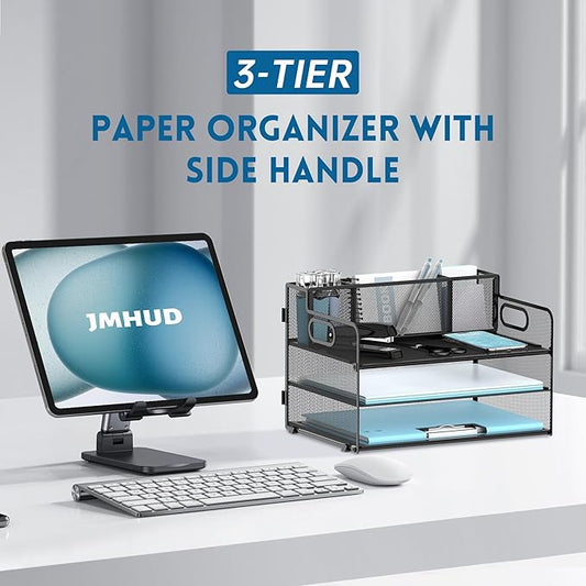 2 Pack 3-Tier Paper Letter Tray Organizer with Pen Holder, Mesh Desk Accessories & Workspace Organizers with Handle, File Sorter Office Supplies for Desk, Black