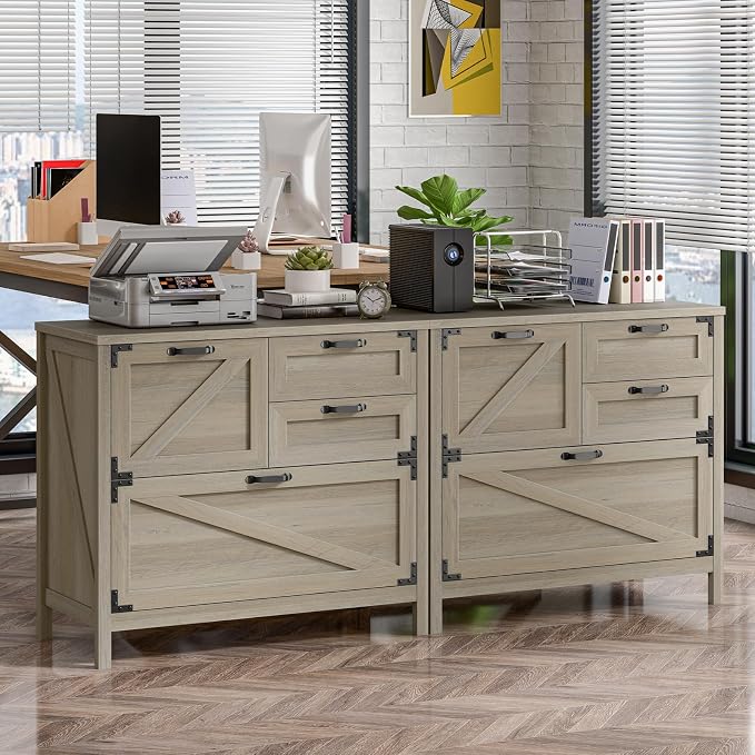 Befrases Farmhouse File Cabinet, Lateral Filing Cabinet with 4 Drawers for Letter/A4 Size Hanging Files, Large Wooden Printer Stand File Storage Cabinet for Home Office, Rustic Grey