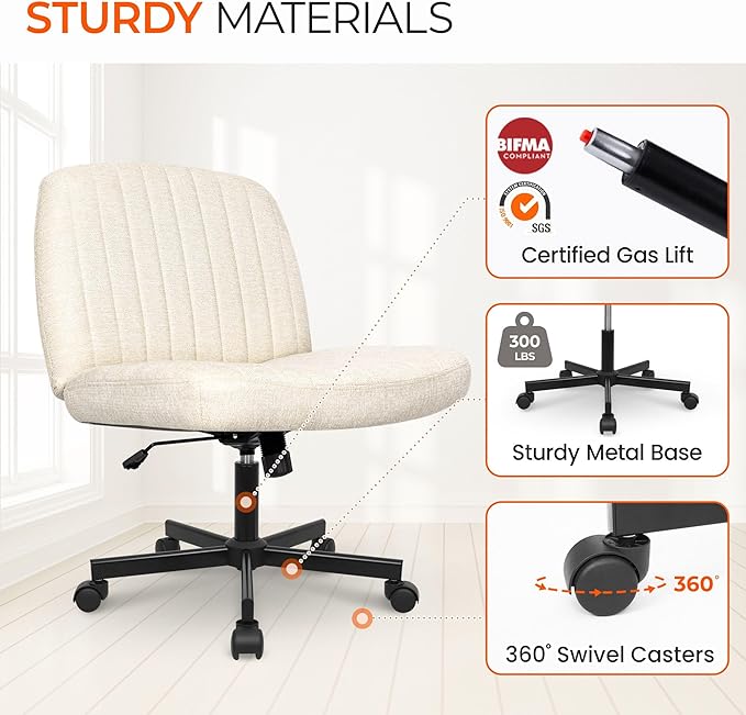 Orange Factory Criss Cross Chair, Wide Fabric Vanity Desk Seat, Beige Wheel | Cross-Legged with 360° Swivel, Height Adjustable, Smooth and Silent Wheels, Comfy Seating for Office, Desk, or Computer Use