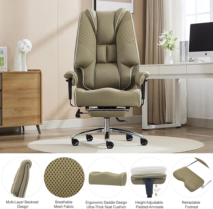 EXCEBET Big and Tall Executive Office Chair 400lbs Wide Seat, Mesh Green | Wide seat for extra comfort, Retractable footrest, 135° reclining, Lumbar support, Breathable mesh,Ergonomic high back design