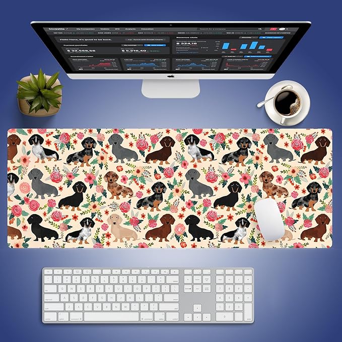 Cute Floral Dachshund Puppies Large Mouse Pad, Wiener Dog Flowers Desk Mat | Funny Doxie Pets Cartoon Art, Seamless Fantasy Design, Pink Rose Animal Print, 31.5" x 11.8", XXL Stitched Keyboard Mat