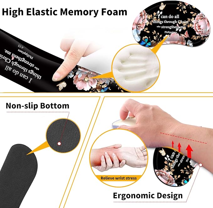 Extended Large Mouse Pad Set 31.5 x 15.7 โ Christian Floral All-in-One Desk Set with Keyboard Wrist Rest, Mouse Wrist Rest & Coaster, Ergonomic Desk Accessories for Women, Faith-Inspired Office Gift