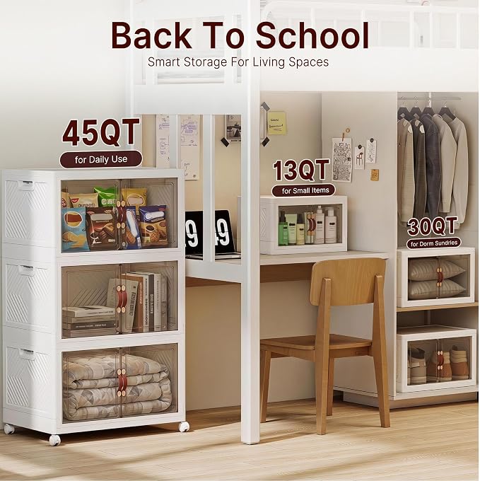 Stackable Storage Bins with Lids, 600QT Lockable Storage Cabinet | Folding Storage Box with Doors and Wheels, Collapsible Plastic Drawers for Home, Garage, Office