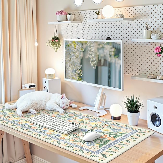 iCasso Desk Mat for Office Decor,35.4 x 15.7 in,Cute Green Floral | Desk Matt for Desktop,Desk Pad Mat for keyboard and mouse,XXL Large Mouse Pad,Anti-Slip keyboard pad with Stitched Edges