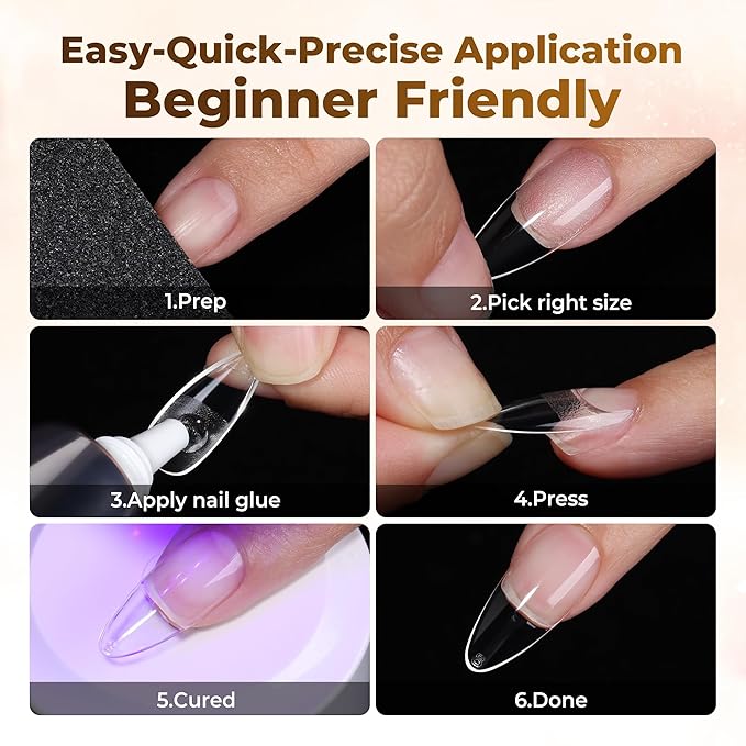 UNA GELLA Almond Gel Nail Tips, 504PCS Pre Etched Clear Fake Nails Tips Medium Almond Shape - 12 Sizes Full Cover Soft Acrylic Press On Nail Extensions No C Curve Gift for Diy at Home