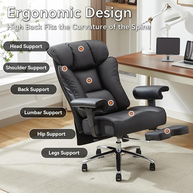 Efomao Big and Tall Executive Office Chair 450lbs,Black | 5.9" Thick Pocket Spring Cushion, Reclining Breathable PU Leather Desk Chair with Foot Rest, Soft Comfortable Support