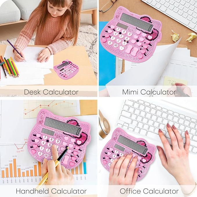 Cute Calculators, Women Desk Calculator 12 Digit with Large LCD Display and Sensitive Button, Suitable for Adults and Children, Standard Function for Office, Home, School (Pink+Pink Jewel Model)