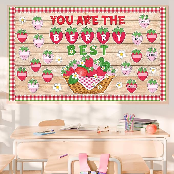 Strawberry Bulletin Board Set Back to School Classroom Decorations Summer Berry Flower Border Pink Sweet Fruit Name Tags Paper Cutouts for Teacher Strawberry School Supplies Chalkboard Wall Door Decor
