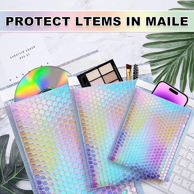 Bubble Mailers, 50 Pack Holographic Bubble Mailers with 3 Sizes, Waterproof Self Seal Adhesive Foil Glitter Glamour Shipping Bags for Mailing, Packing, Small Business, Jewelry Makeup Supplies
