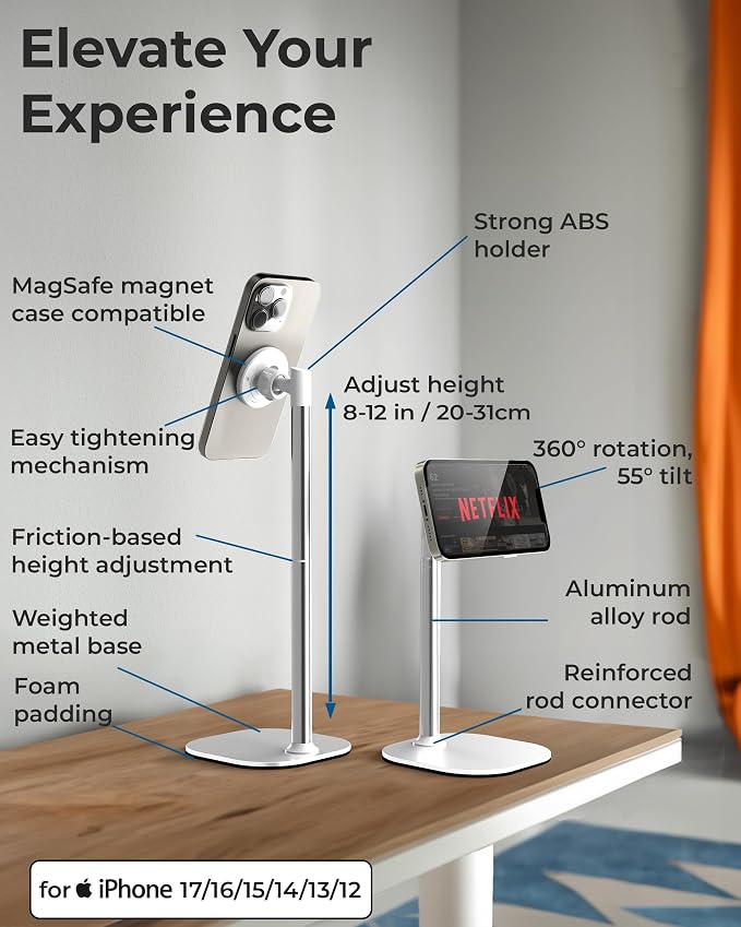 COOPER MagStand Magnetic Phone Stand for Desk, MagSafe Tripod, iPhone 17 | 9-13" Adjustable, Weighted Base, Strong Magnet Hold, iPhone Holder for Video Calls, 2 Steel Rings, Fits any iPhone or Android