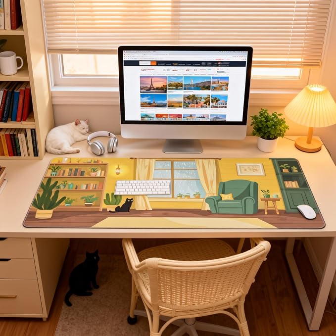 Cute Anime Black Cat Gaming Mouse Pad, Green Yellow Minimalist Desk Mat with Anti-Slip Base & Stitched Edges,35.4" x 15.7" in Desk Accessories for Women, Home Office Decor & Artistic Gift