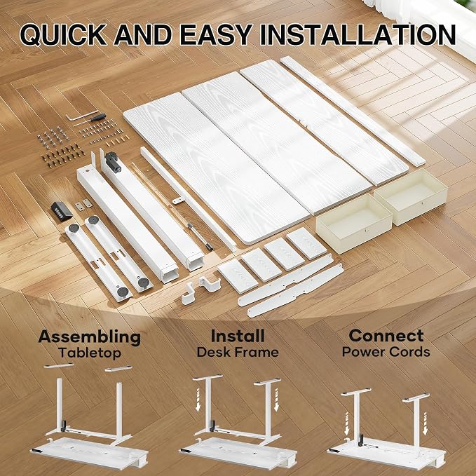 Veken 55x26 in Electric Standing Desk with Drawers, Adjustable Table, White | Stand up Computer Desk for Home Office, Work & Study, with Storage, 3 Memory Presets, Cable Organizer, Hook, and Quiet Lift.