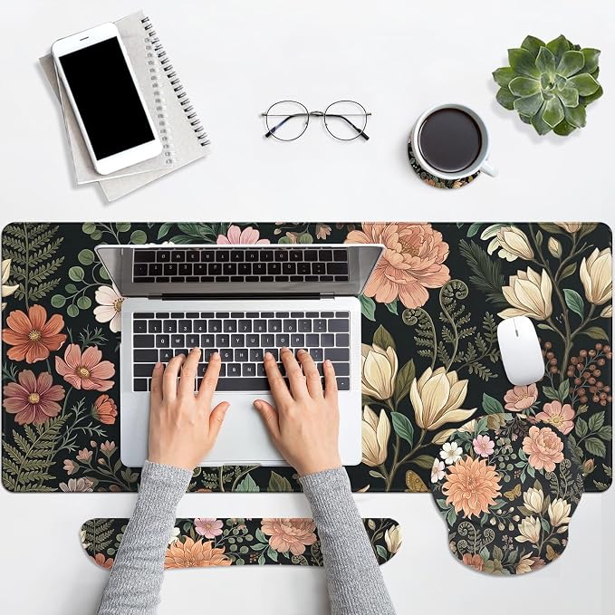 Arttown Keyboard Mouse Pad Set, 4 in 1 Desk Mat Set Floral Spring | Flower Leaves Colorful Large Mousepad+Keyboard Wrist Rest+Mouse Wrist Rest+Coaster Ergonomic Design for Home Office Computer