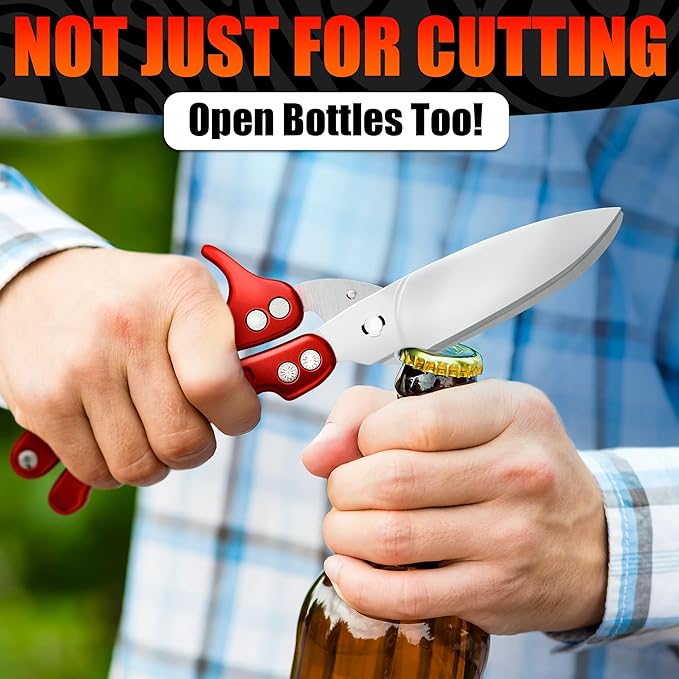 4-in-1 Kitchen Shears Heavy Duty – Sharp Seafood, Poultry Shears & Chicken Scissors with Non-Slip Metal Handle & Micro-Serrated Blades for Meat – Spring-Loaded Bone Cutting Scissors with Safety Lock