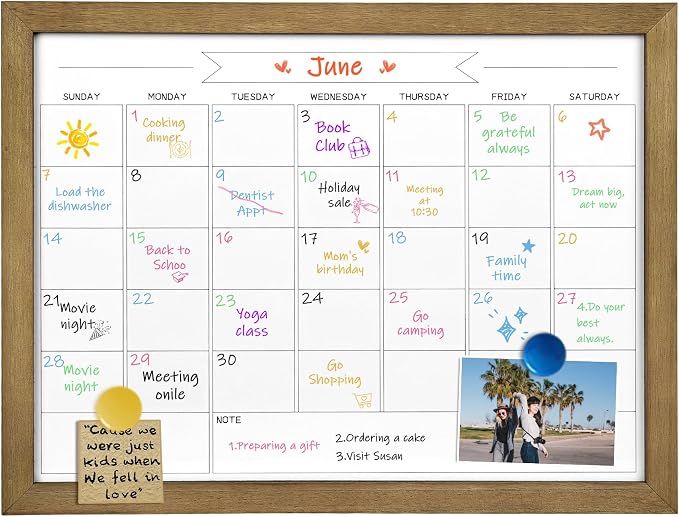 Small Dry Erase Monthly Calendar Whiteboard, Magnetic Surface White Board for Wall, Office/School/Home, Solid Pine Wood Rustic Brwon Frame Hanging Board & Planning Board, 13"x 17" (YL-RB-3343-B)