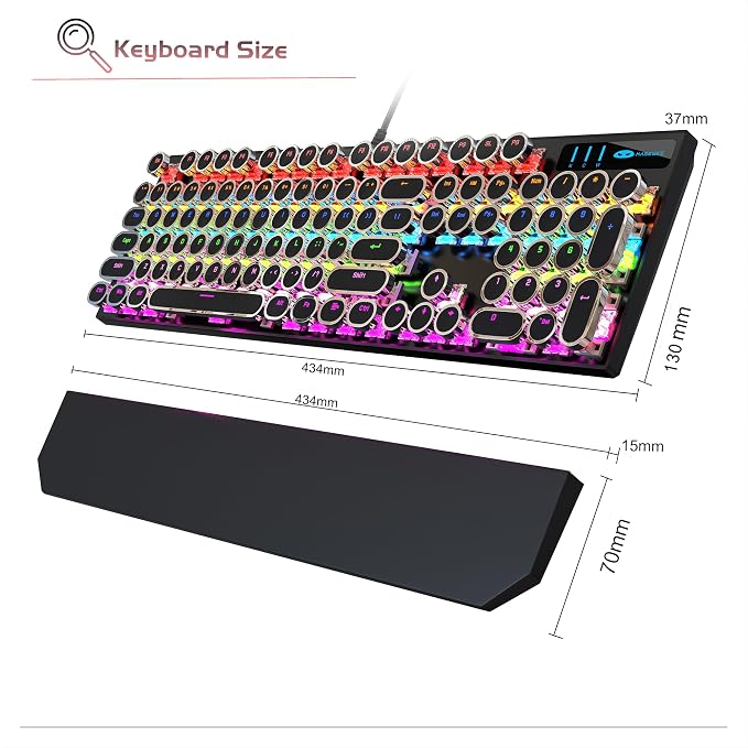 MageGee Typewriter Mechanical Gaming Keyboard, Retro Black Punk Round Keycaps RGB Rainbow Backlit Wired Keyboards for Laptop MAC PC Gamer, with Magnetic Wrist Rest - Blue Switch