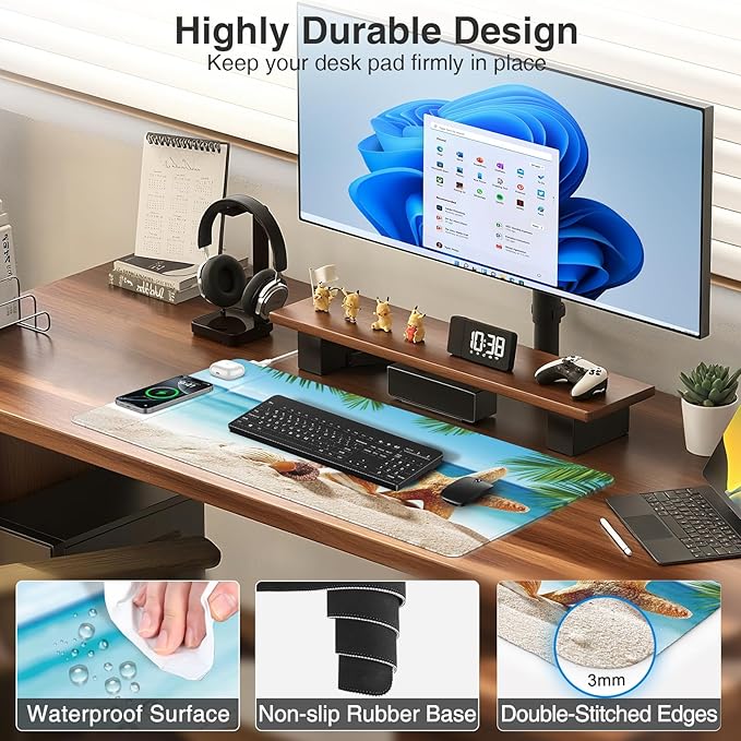 Wireless Charging Mouse Pad, 31.5"x15.8", with 20W PD Adapter, Summer Beach | Desk Writing Pad for Home Office Gaming, Waterproof Ultra-Smooth Surface, Non-Slip Base