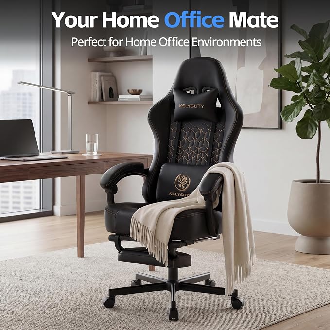 Desk Computer Gaming Chair - Ergonomic Game Office Chair with Extended Footrest and Massage Lumbar Support, Home Gamer Video Game Chairs with Spring Cushion for Adults (Pro Black Leather)