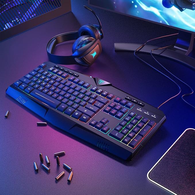 Gaming Keyboard, Full Size RGB Backlit Quiet Computer Keyboard, Wrist Rest, Silent Keys, Multimedia Keys, Anti-ghosting, Waterproof Light Up USB Wired Keyboard for PC Mac Xbox Gamer Office | Quiet Computer Keyboard, Wrist Rest, Silent/Multimedia Keys, ...