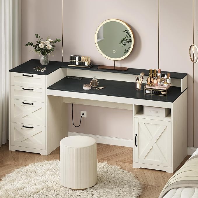 63" Farmhouse Computer Desk with 4 Drawers for Home Office, Bedroom | Executive Desk with Printer Shelf, Monitor Stand, Home Office Desks with Power Outlets, Storage Shelves, Black and White