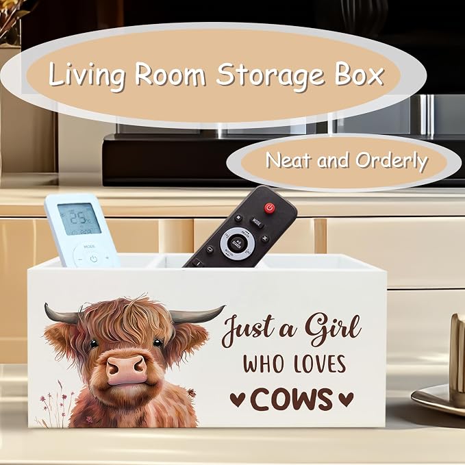 Highland Cow Pen Pencil Holder Organizer for Desk, Highland Cow Gifts for Women Girls, Just a Girl Who Loves Cows Farmhouse Wooden Box Block Sign for Home Classroom Dorm Office Tabletop Decor
