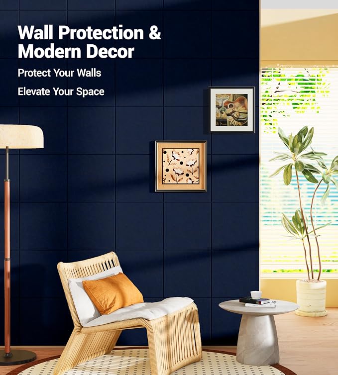 28" x 18" Felt Bulletin Board Tiles 1/2" Thick, Dark Blue | 6 Pack Felt Tiles, Large Cork Board Alternative, 30 Adhesive Tabs, Pin Board for Home Office Decor with Easy Install