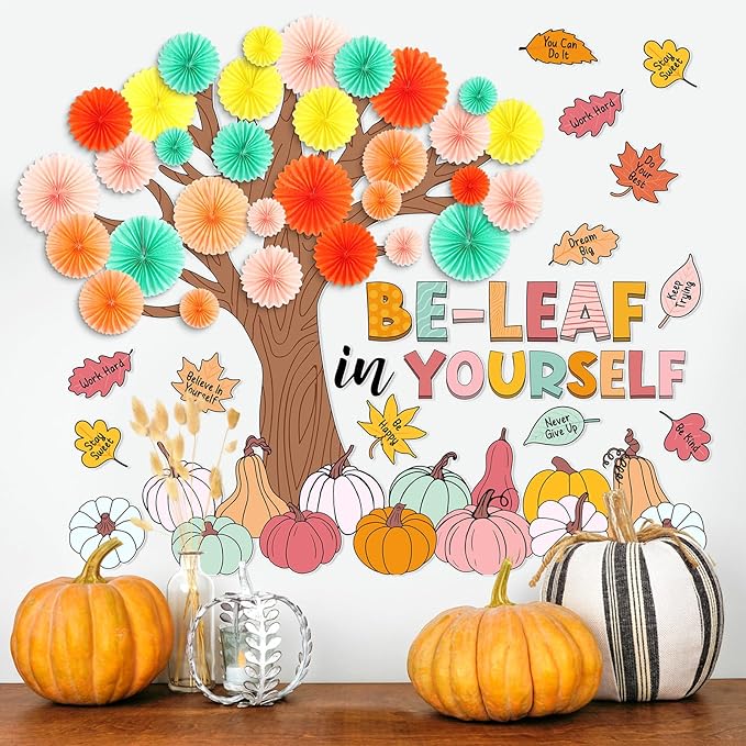 81 Pcs Fall Tree Bulletin Board Decorations Be Leaf in Yourself Classroom Tree Bulletin Board Motivational Boho Pumpkin Cutouts 3D Paper Fans Crafts Thanksgiving Fall Harvest Wall Decor