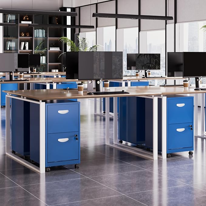 Polup 2 Drawer Rolling File Cabinet with Lock for Home Office | Metal Mobile Filing Cabinet on Wheels, Small Under Desk Storage, Fits Hanging Letter Size, Printer Stand, Blue