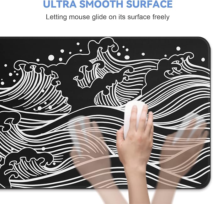 DIGSOM Gaming Mouse Pad Black and White Sea Wave Pattern, 31.5 x 11.8in | XL Mouse mat, Smooth surface, Anti-slip rubber base, For keyboard and mouse, For home and office use